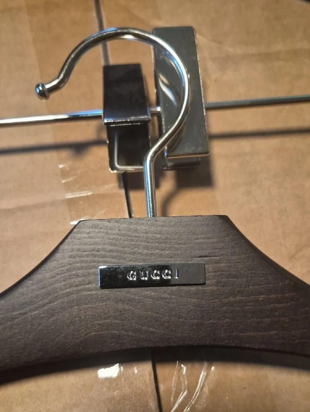 Gucci Dark Brown Wood Suit Hangers with Silver Metal Accents